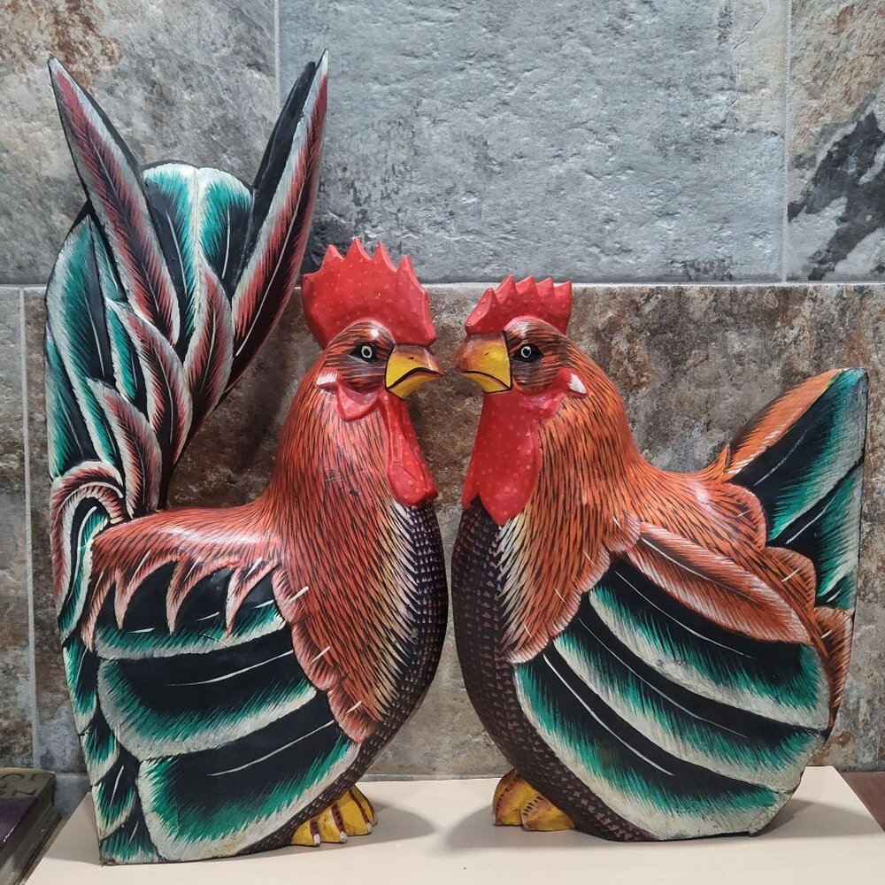 Large Wood Carved Chicken Rooster Hen Sculpture Home Decor